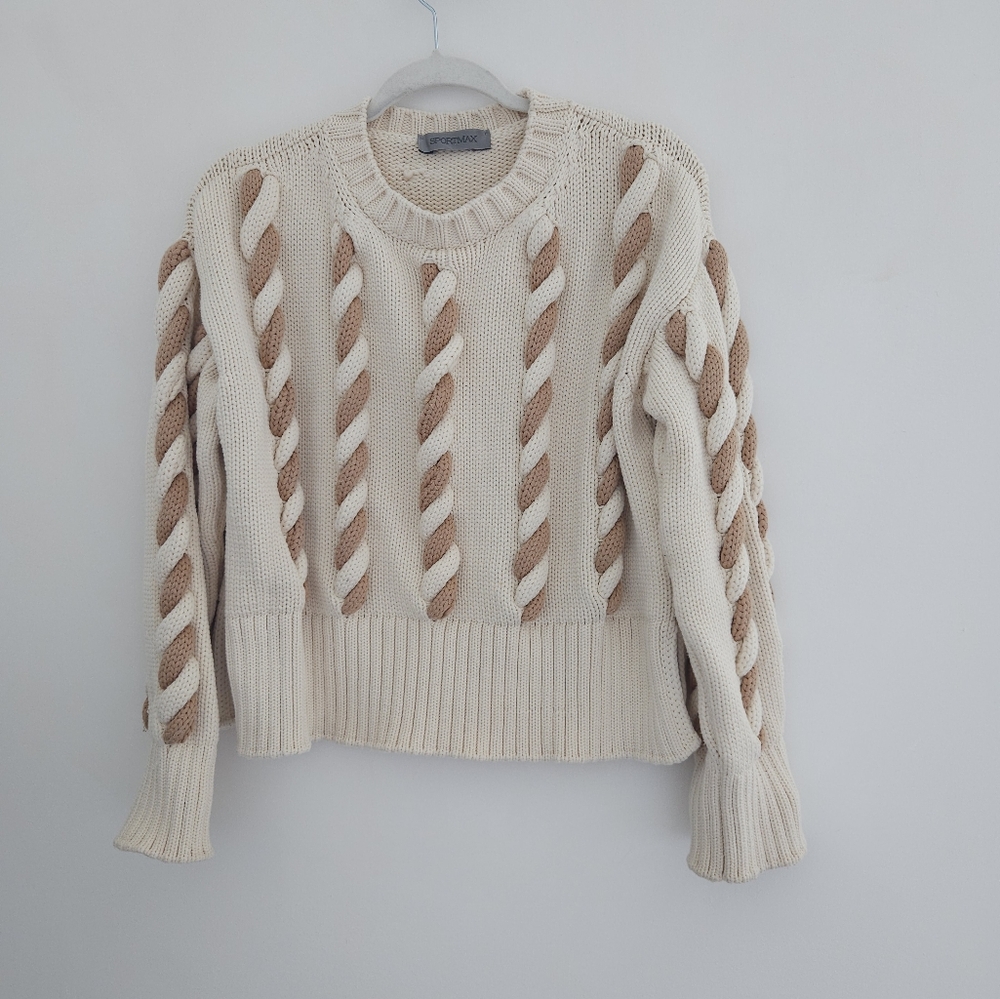 SPORTMAX Gatti Cream And Brown Chunky Braided Cableknit Sweater - Picture 9 of 10